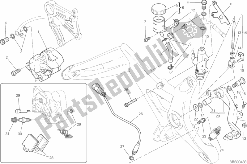 Tutte le parti per il Sistema Frenante Posteriore del Ducati Monster 821 Stripes 2015